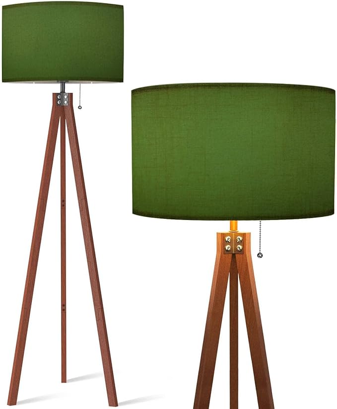 Wood Tripod Floor Lamp Olive Green Frosted Glass Modern Standing Lamp Linen Lampshade Dimmable Tall Lamp Mid Century Floor Lamp for Living Room Bedroom