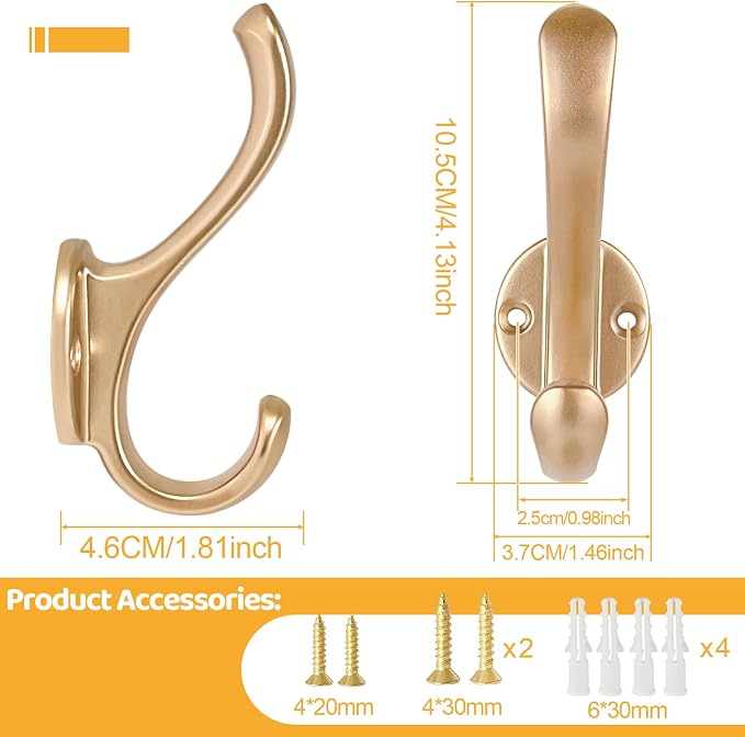 6 Pack Coat Hooks Wall Mount Heavy Duty Utility Retro Double Hooks for Hanging Coats,Hat, Towel, Key, Robe, Scarf, Bag, Cap (Gold)