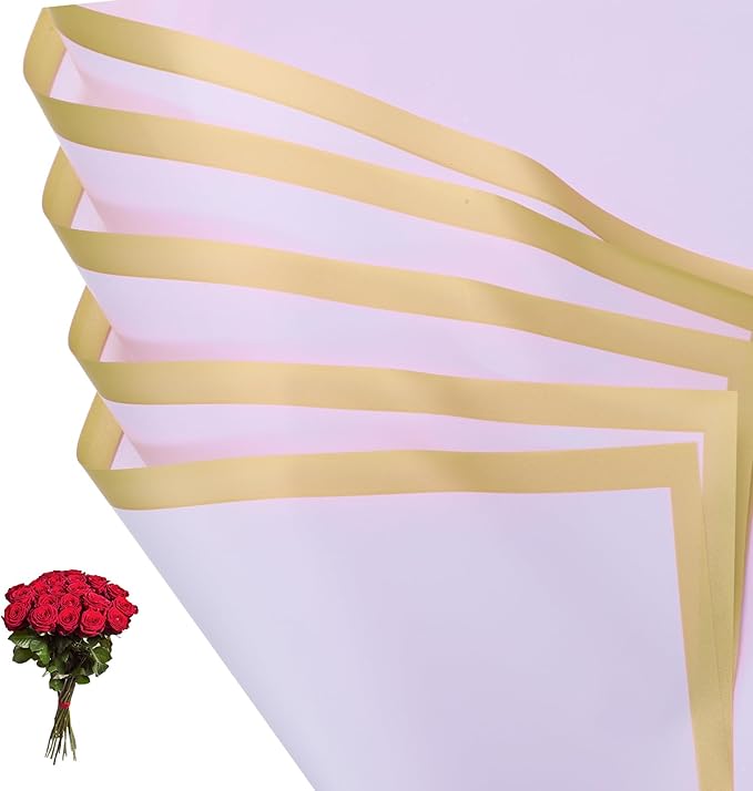 PATIKIL Flower Gift Wrapping Paper, 20 Sheets Gold Edge Waterproof Bouquet Paper Wrap Florist Supplies Packaging Floral Papers for Wedding DIY Craft Valentine Mother's Day, Light Purple
