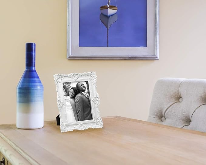 Laura Ashley 5x7 White Ornate Textured Hand-Crafted Resin Picture Frame with Easel & Hook for Tabletop & Wall Display, Decorative Floral Design Home Décor, Photo Gallery, Art, More (5x7, White)