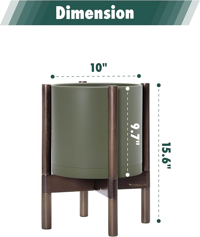 D'vine Dev Planter Pot with Stand - 10 Inch Plastic Cylinder Flower Pot with Wood Planter Holder for Indoor, Olive Pot + Walnut Color Stand, 55-C-L-3
