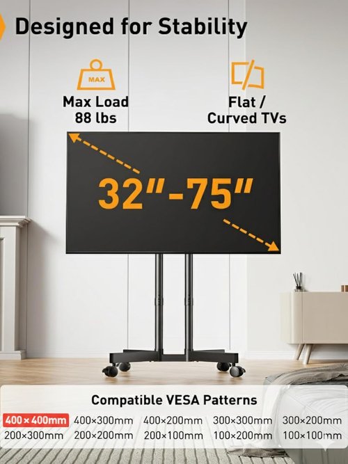 Perlegear Rolling TV Stand - Mobile Cart for 32-75 Inch TVs | Height Adjustable with Tilt & Wheels, Max VESA 400x400mm, 88lbs Capacity