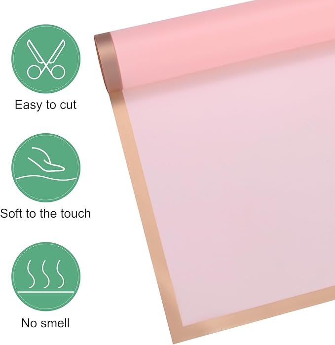 M METERXITY 20 Sheets Flower Wrapping Paper Bouquet, 23 Inch Rose Pink Gold Edge BOPP Waterproof Floral Wrapping Paper Flower Packaging DIY for Wedding/Party/Birthday/Gift Bouquet Wrap Paper