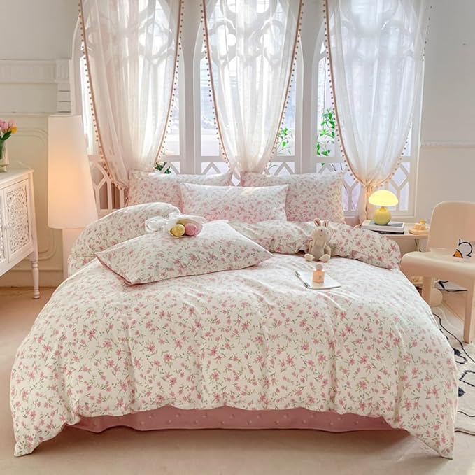 VM VOUGEMARKET Pink Flower Comforter Set Full - Cute Floral Bedding Sets for Girls Women,3 Pieces,1 Soft Lightweight Botanical Flowers Comforter with 2 Pillowcases