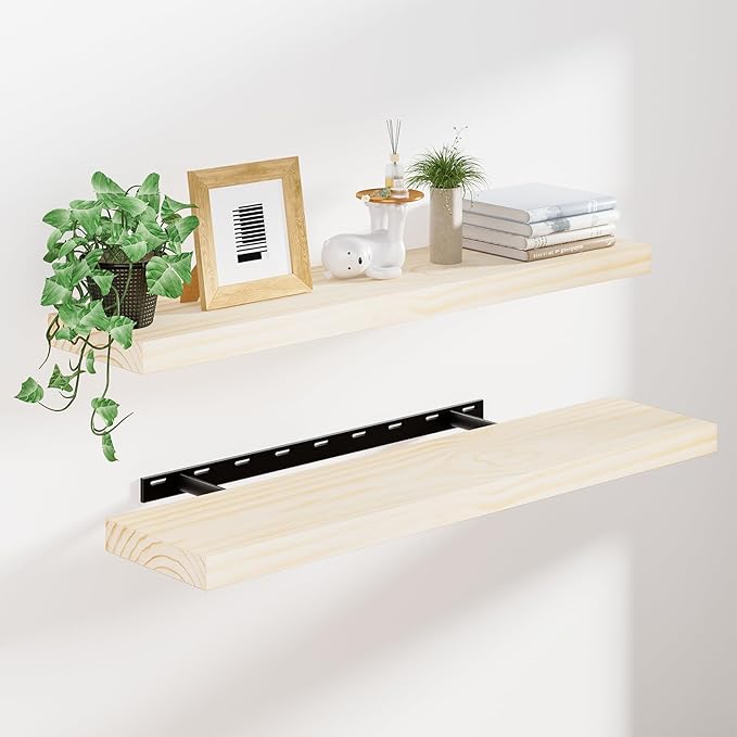 Heimlove Unfinished Wood Floating Shelves, Pine Shelves for Wall Set of 2, Wall Mounted Rustic Wood 8 Inch Deep Floating Shelf with Invisible Brackets for Bedroom Kitchen Living Room - Natural, 36x8