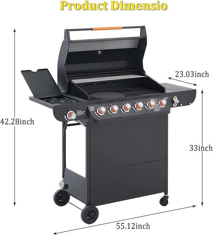 Unovivy Large 6-Burner Propane Gas Grill with Side Burner & Porcelain-Enameled Cast Iron Grates, BBQ Grills with Built-in Thermometer, 72,000 BTU Barbecue Grill, Oil Tray, Outdoor Patio Garden