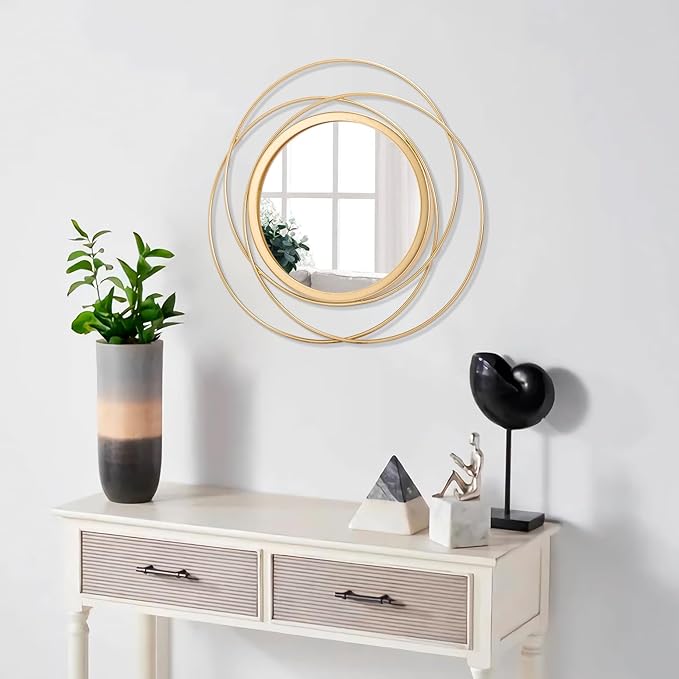 Gold Art Large Round Mirror with Iron Metal Wire Frame Wall-Mounted Mirror for Home Decor Living Room Bedroom Bathroom Entryway 16"