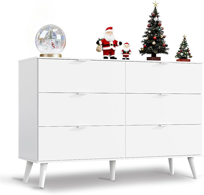 WLIVE 6 Drawer Dresser for Bedroom, 47.24'' Wide Wooden White Dresser, Storage Organizer with Sturdy Metal Handle, TV Stand for 55 inch TV, Chest of Drawers for Living Room, Hallway, Closet