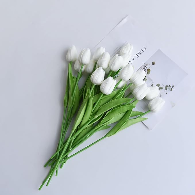 20PCS White Artificial Flower Tulips PU Real Touch Tulips for Home Wedding Decoration Brides Hand Holding Bouquet Artificial Flower Decoration (Type-White)