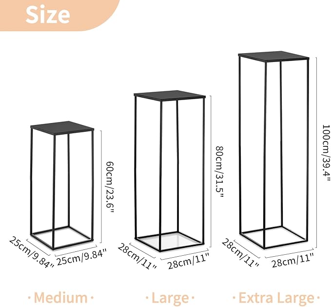 Nuptio Black Vase for Wedding Centrepieces: 3 Pcs Tall Plant Stand Flower Vases Large Metal Display Table Column Rack Geometric Centre Pieces for Home Birthday Party Decorations(23.6/31.5/39.4in)