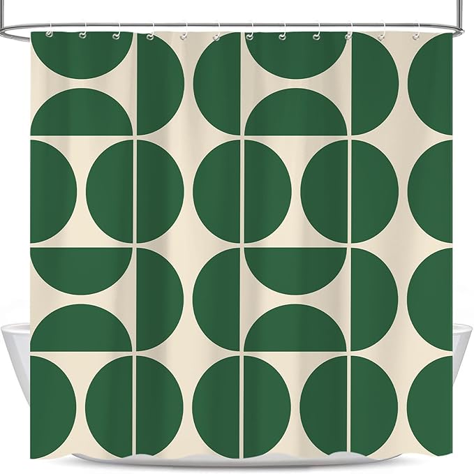 Green Mid Century Modern Shower Curtain, Boho Abstract Geometric Retro Art Bath Curtains for Bathroom, Colorful Unique Pattern Waterproof Polyester Fabric Bathroom Set 12 Hooks 72X78IN