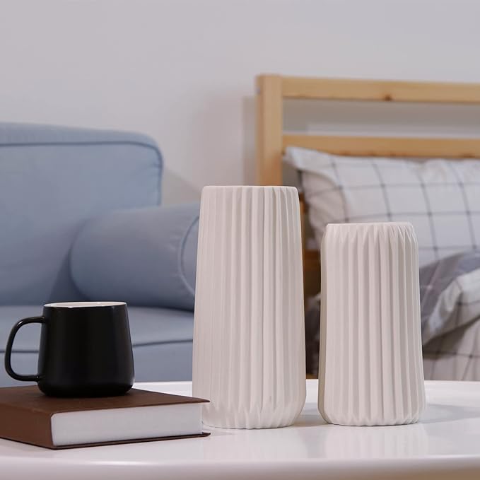 GOODSTART White Ceramic Modern Vase, Origami Stripe Frosted Matte Surface, 8.3" H, Universal Size, Perfect for Decor, Wedding, Christmas