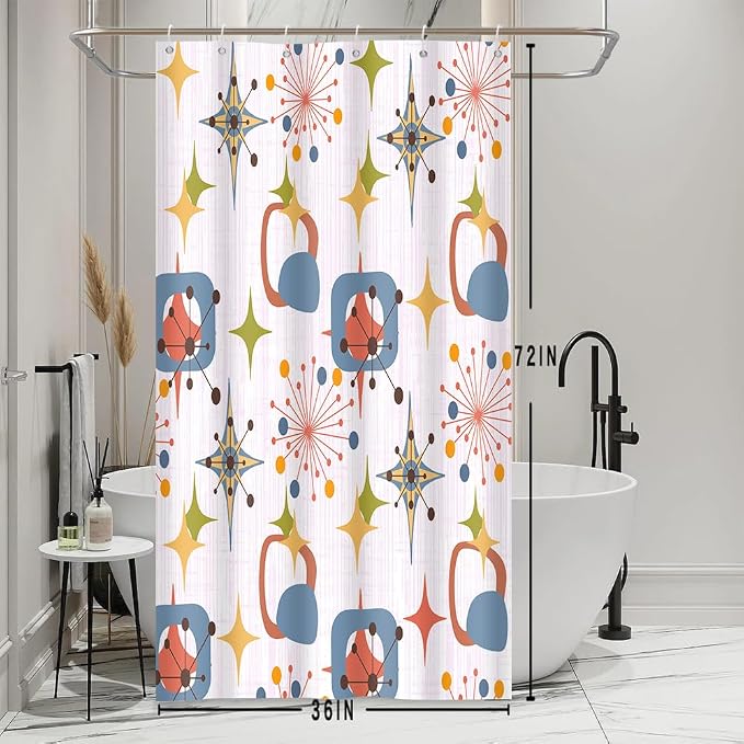 Mid Century Shower Curtain, 36x72inch, Modern Abstract Retro Pink Striped Geometric Shower Curtain Sets 1950s Boho Bathroom Shower Curtain with 6 Hooks