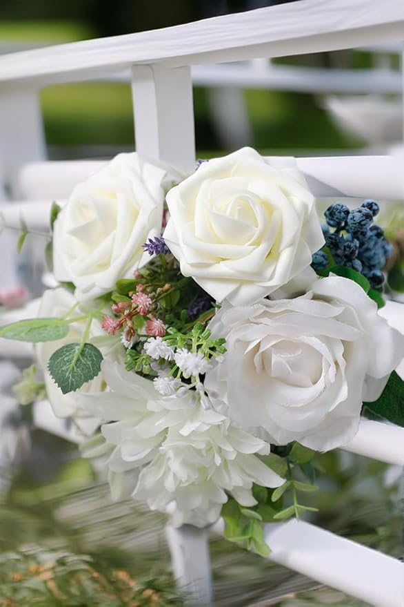 Ivory White Artificial Roses 25pcs, Real Looking Fake Foam Flowers with Stems for DIY Wedding Bridal Bouquets, Centerpieces, Party, Baby Shower, Christmas Decor
