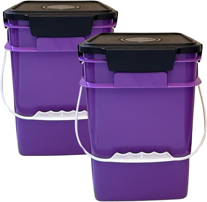 House Naturals 4 Gallon Square Food Grade Plastic Bucket with Lid, Made in USA (Pack of 2) (Purple)