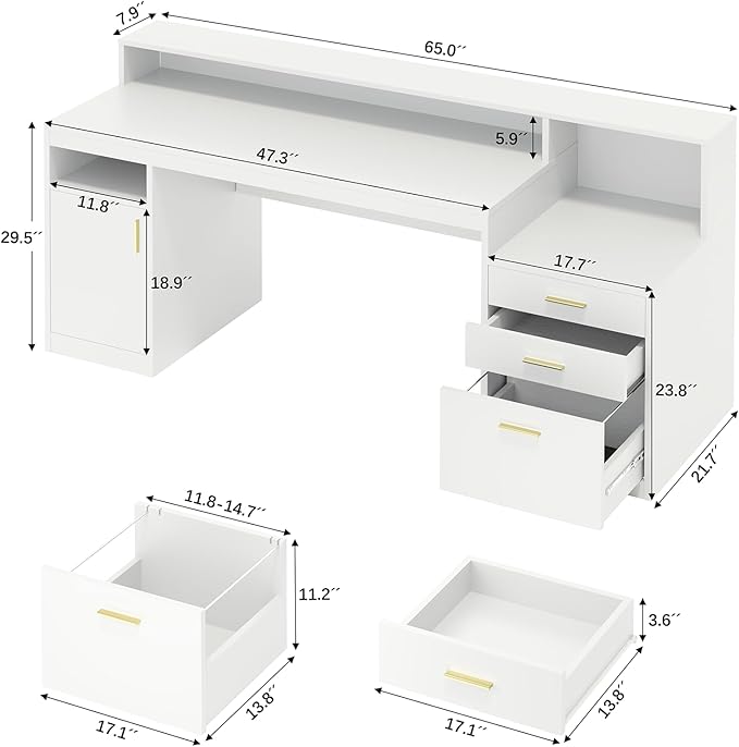 Computer Desk with 3 Drawer & Storage Shelves, Home Office Desk with File Drawer & Cabinet, Writing Study Table with Long Monitor Stand & Printer Shelf, Executive Desk, White