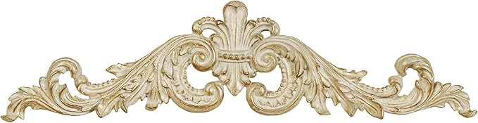 Salvatar Wall Art Topper | Wide Picture Design | Ivory and Metallic Gold Finish | Openwork Acanthus Leaf Scrolls with Ornate Fleur De Lis | Hang Alone or Above Artwork or Framed Family Photographs