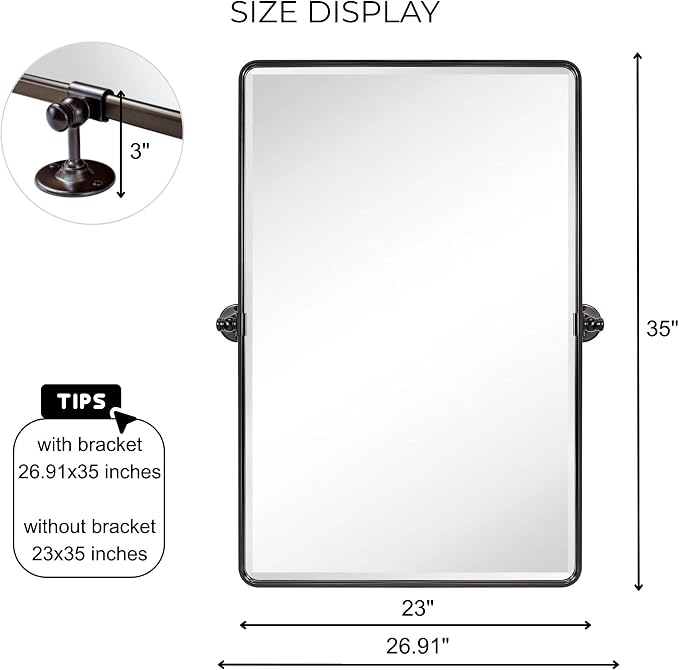 TEHOME Oil Rubbed Bronze Pivot Rectangle Mirrror Farmhouse Tiltable Rounded Metal Framed Pivoting Bathroom Mirror with Beveled Mirrror, Overall 26.91 x 35 inches (Mirrror 23 x 35 inches)
