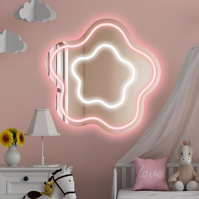 Flower Mirror Neon Sign Dimmable USB LED Neon Lights for Ideal Home Decor for Bedroom, Kidsroom, Living Room Parties, Christmas Birthdays Gifts for Girls Women, Boho Mirror Wall Sign Art Gift