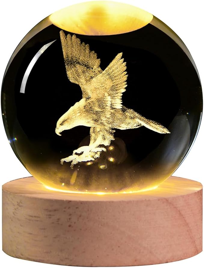 3D Laser Engraved Eagle Crystal Ball, Animal Figurine Decor Glass Sphere Lamp Night Light, Eagle Statue Gifts for Men Women Kids