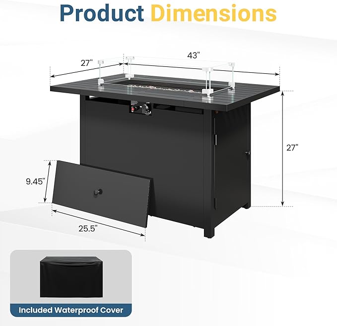 FansaFurn 43'' Propane Fire Pit Table, 50000 BTU Gas Fire Pits Table with Removable Lid and Lava Rock, Rectangular Fire Table with Cover, Ideal for Dining or Party on Patio, Garden, Yard, Black