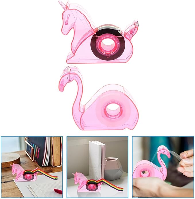 VILLCASE 2 Sets Cute Animal Tape Dispenser with Cutter Portable Desk Tape Holder for Office School Home Use Pink Mythical Horse and Flamingo Design Practical Stationery