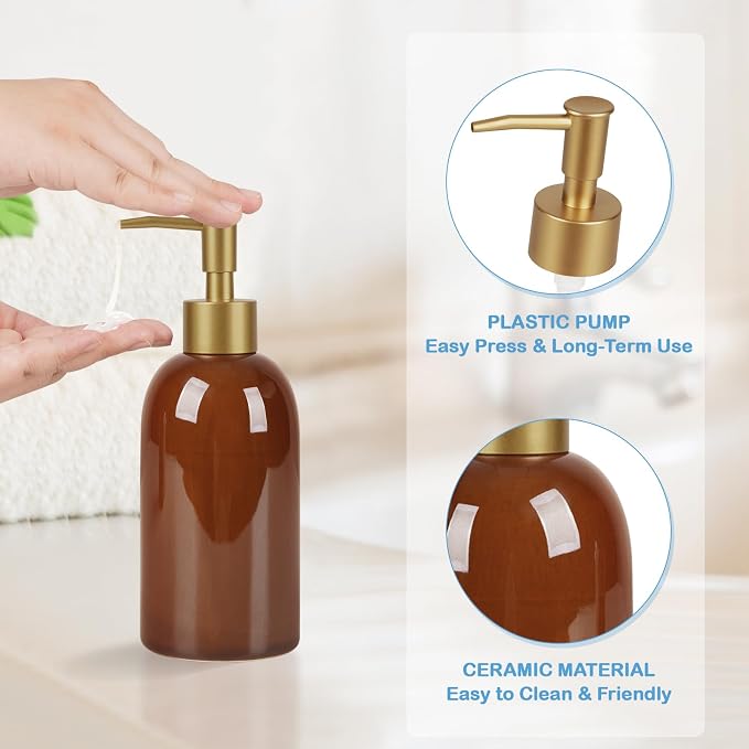 Natheeph 14OZ Ceramic Soap Dispenser Ceramic Soap Pump Dispenser Can Fill Liquid for Bathroom/Kitchen (Amber)