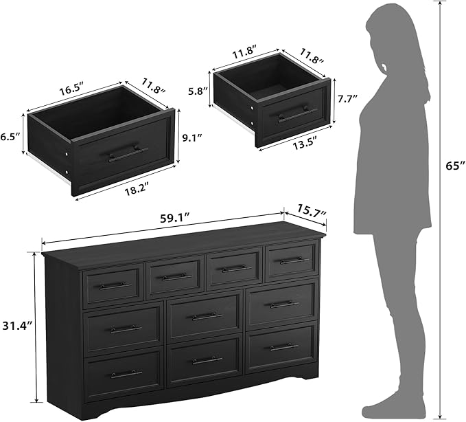 Black Dresser for Bedroom, 10 Drawer Dresser, 59" Wide Chest of Drawers w/Brushed Metal Handle, Wood Dressers TV Stand, Closet Organizers and Storage Cabinet for Bedroom, Living Room, Hallway