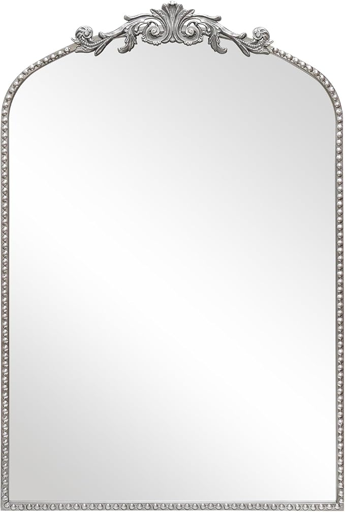 Antique Silver Arch Wall Mirror, 24"x36" Traditional Vintage Mantel Mirror with Ornate Metal Frame, Baroque Home Decor for Fireplace/Entryway/Bathroom/Living Room/Hallway