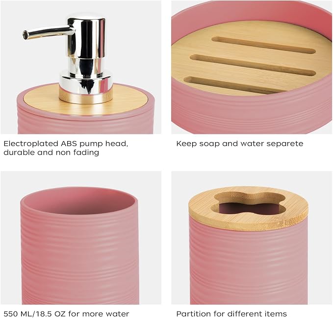 4 PCS Light Pink Bathroom Accessories Set, Includes a Soap Dispenser, Toothbrush Holder, Soap Dish and Mouthwash Cup, Plastics & Bamboo Bathroom Set, Bohemian Style Bathroom Sink Set