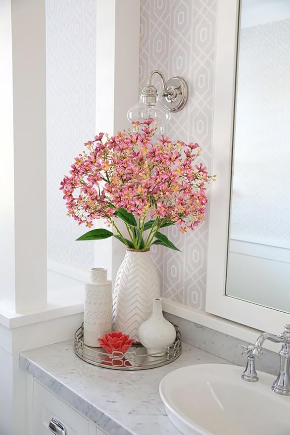 Hollyone Artificial Daphne Flowers with Long Stem 3Pcs Faux Pink Flowers 28.3” Fake Spring Silk Flowers Bouquet for Floral Arrangement Wedding Party Centerpiece Table Home Decor