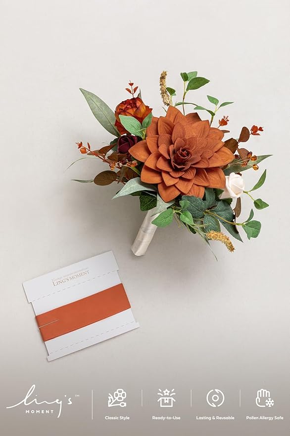 Ling's moment Burnt Orange Bridesmaid Bouquet, Terracotta Wedding Bouquets for Bridesmaids, 7 Inch Bridal Bouquets for Bridesmaids, Wedding, Ceremony, Anniversary, etc.