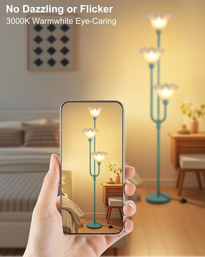 66 Inch Flower Green Floor Lamp for Living Room Bedroom Office, 3-Light Mid Century Standing Lamp with 3000K Warm White LED Bulbs, Vintage Floral Lamp with Heavy Stable Base & Foot Switch