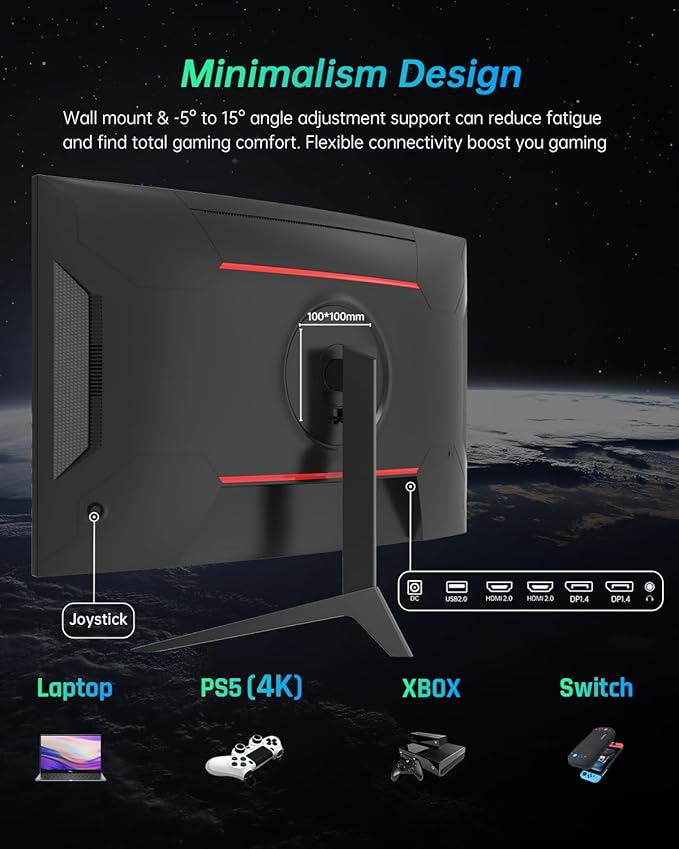 KTC 27 inch Gaming Monitor, 1440P Curved Monitor, 180Hz, 144Hz, 2K, 1500R, 1ms, FreeSync/G-Sync Compatible, DisplayPort/HDMI/USB, Ultrawide PC Vesa/Wall Mount Computer Monitor, H27S17