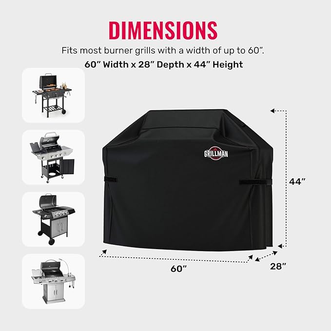 Grillman Premium Grill Cover for Outdoor Grill - Heavy-Duty Waterproof BBQ Grill Cover - Rip-Proof and Wind-Resistant - Large Barbecue Gas Grill Cover for Backyard - Black (60" L x 28" W x 44" H)