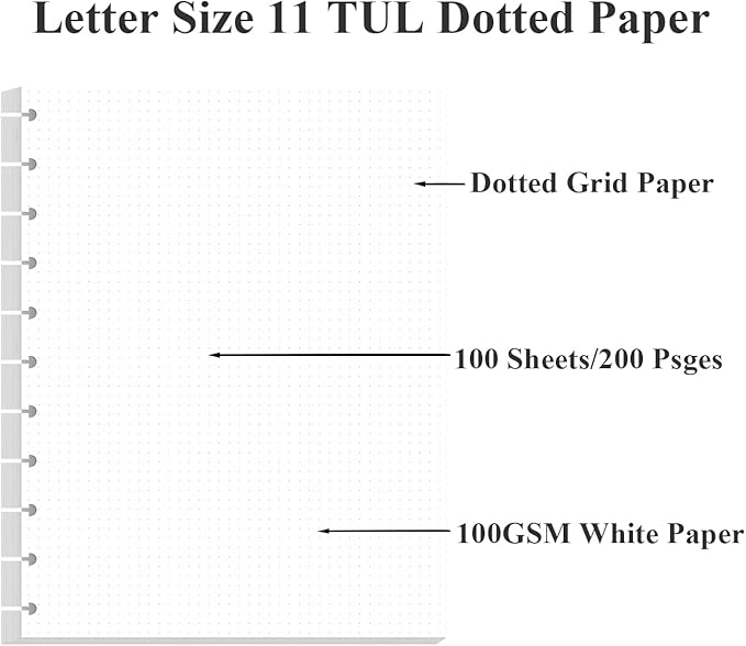 A4 TUL Discbound Dotted Refill Paper, 11-Disc Dot Grid Filler Paper, 100Sheets / 200Pages, 100gsm White Paper, 8.5'' x 11''