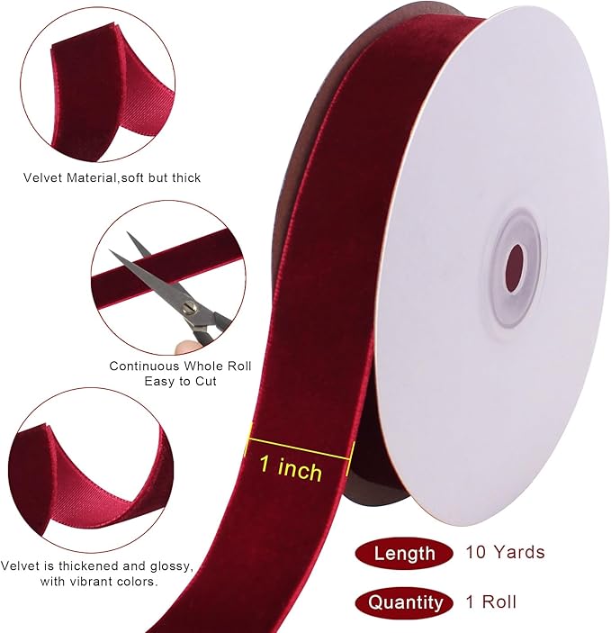 10 Yards Burgundy Velvet Ribbon 1 Inch for Christmas Tree,Dark Red Velvet Christmas Ribbon for Gift Wrapping Crafts Bow Wreath Holiday Decorations (Burgundy)