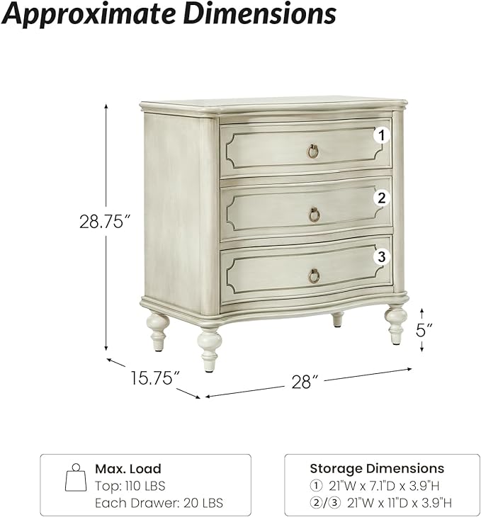 HULALA HOME Traditional Side Table with 3 Drawers, Tall Side Table with Curved Front Profle Desgin, Charging Station, Solid Wood Legs, White
