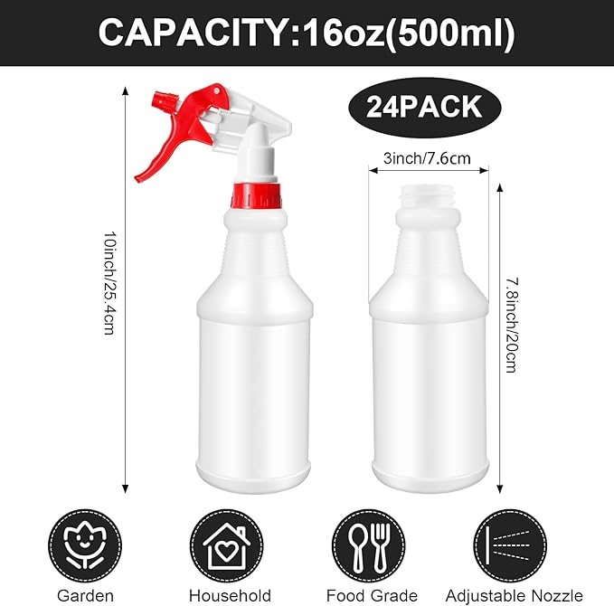 Rtteri 24 Pcs 16 Oz Plastic Spray Bottle for Cleaning Solutions Bulk Empty and Reusable Leak Proof Spraying Bottles for Cleaning, Water, Auto Details, Commercial, Bathroom(Red, White)