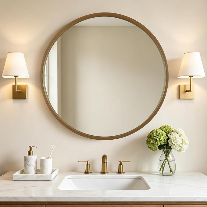 WallBeyond 36 Inch Natural Round Wood Mirror, Large Circle Wooden Frame Wall Mirror for Bathroom, Living Room, Bedroom, Entryway