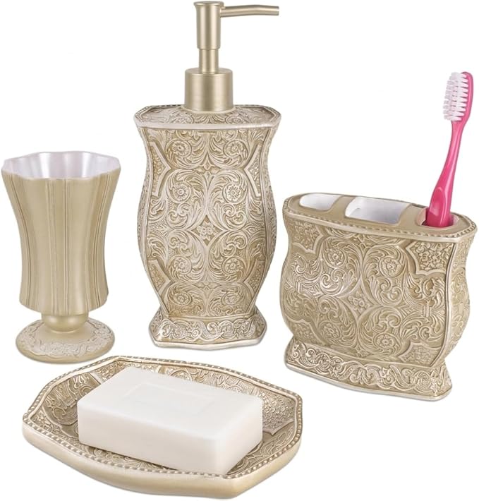 Creative Scents Victoria Beige Bathroom Accessories Set - Decorative Bathroom Accessory Set - 4 Piece Bathroom Set Features: Soap Dispenser, Toothbrush Holder, Tumbler, and Soap Dish