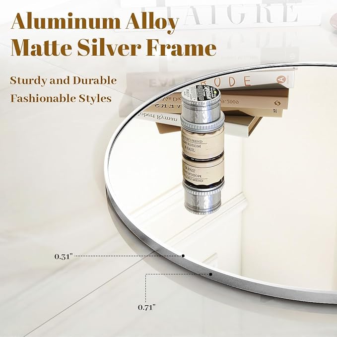 VooBang Silver Round Bathroom Mirror, 24 inch Circle Wall Mounted Hanging Mirror with Simple Modern Circular Metal Frame for Hallway, Entryway, Living Room, Silver Frame