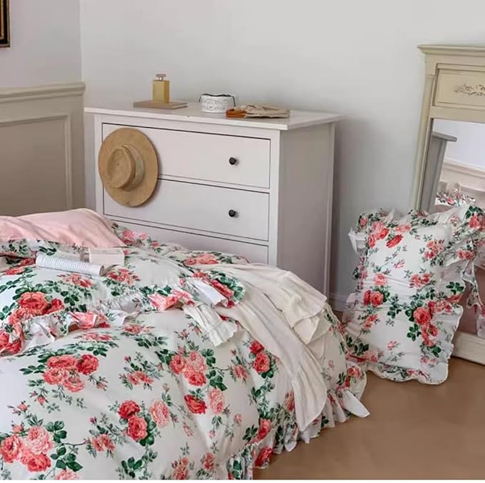 LifeTB Pink Floral Comforter Set King Vintage Pink Flower Leaves Botanical Coquette Bedding Comforter with 2 Pillowcases Romantic Ruffle Boho Comforter Floral King Bed Comforter Set for All Seasons