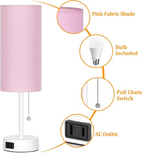 Dott Arts Table Lamp - 3-Color Bedside Lamp with Pull Chain | Pink Nightstand Light, Bulb Included