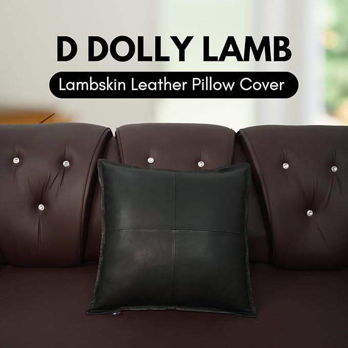 D DOLLY LAMB Lambskin Leather Pillow Cover - Sofa Cushion Case - Decorative Throw Covers for Living Room & Bedroom, 22x22 Inches - Black Box