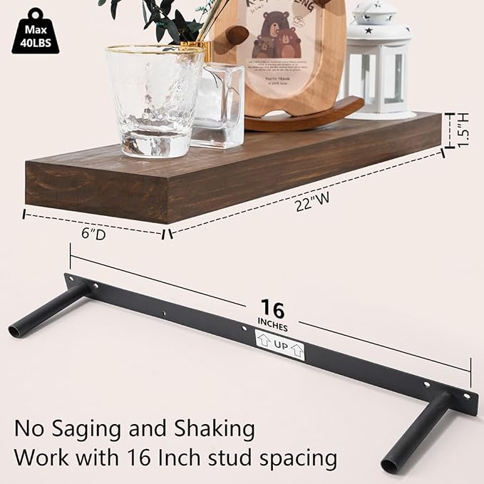 Wood Floating Shelves for Wall Set of 3, 22 Inch Rustic Floating Shelf Wall Mount, Solid Wooden Bathroom Floating Shelves for Kitchen, Bedroom, Living Room - Dark Walnut