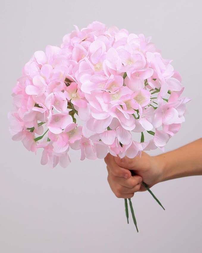 10PCS Silk Hydrangea Heads with Stems Artificial Flowers for Wedding Party Home Decor (Pink 2#)