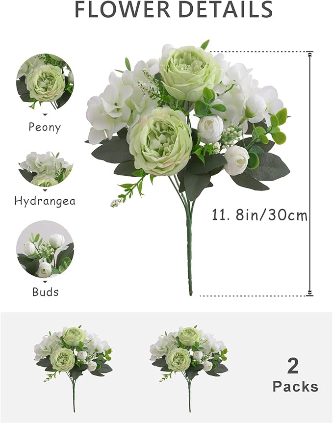 2 Bunches Green Peony Artificial Flowers for Decoration Faux Rose Fake Bouquet Silk Arrangements Table Centerpiece for Vase Cake Topper Bridal Baby Shower (2, Green White)