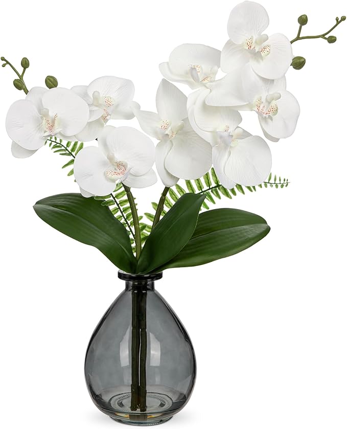 Oairse White Orchids Artificial Flowers, Faux Orchid in Glass Vase Real Touch Small Phalaenopsis Orchid Flowers Arrangements with Black Vase Orchids Centerpiece for Dining Room Table