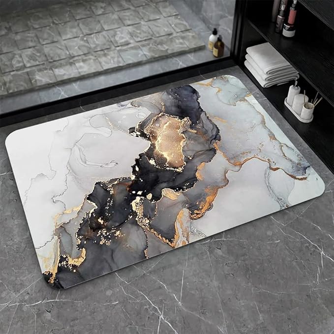 Diatomaceous Earth Bath Mat,Grey Gold Marble Non-Slip Volume Super Absorbent Fast Drying for Bathroom Kitchen Door mat,Eco-Friendly Easy to Clean 17×27.5Inch (43 * 70cm)